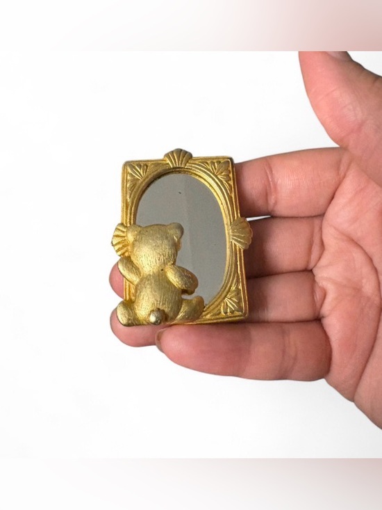 Jonette Jewelry Jewelry - Vintage JJ Jonette Gold Teddy Bear Mirror Frame Brooch Pin 1980s Novelty